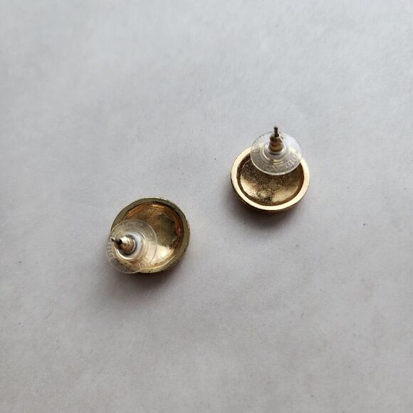 Dillards Vintage Gold Round Button Blue Inlay Post Back Earrings 925 Stamped - Picture 3 of 9